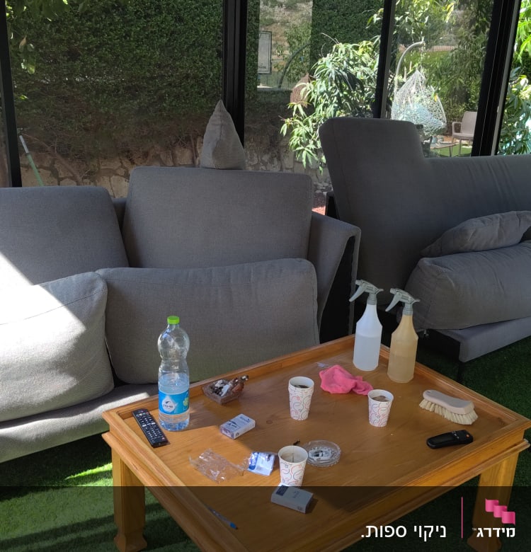 בקבוקי ריסוס ומברשת על שולחן ליד ספות אפורות